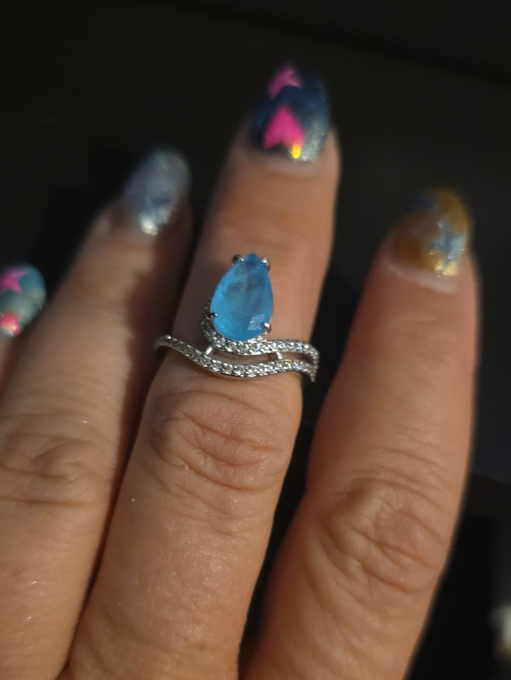BP Teardrop Blue Gemstone Ring with Pavé Band sz6